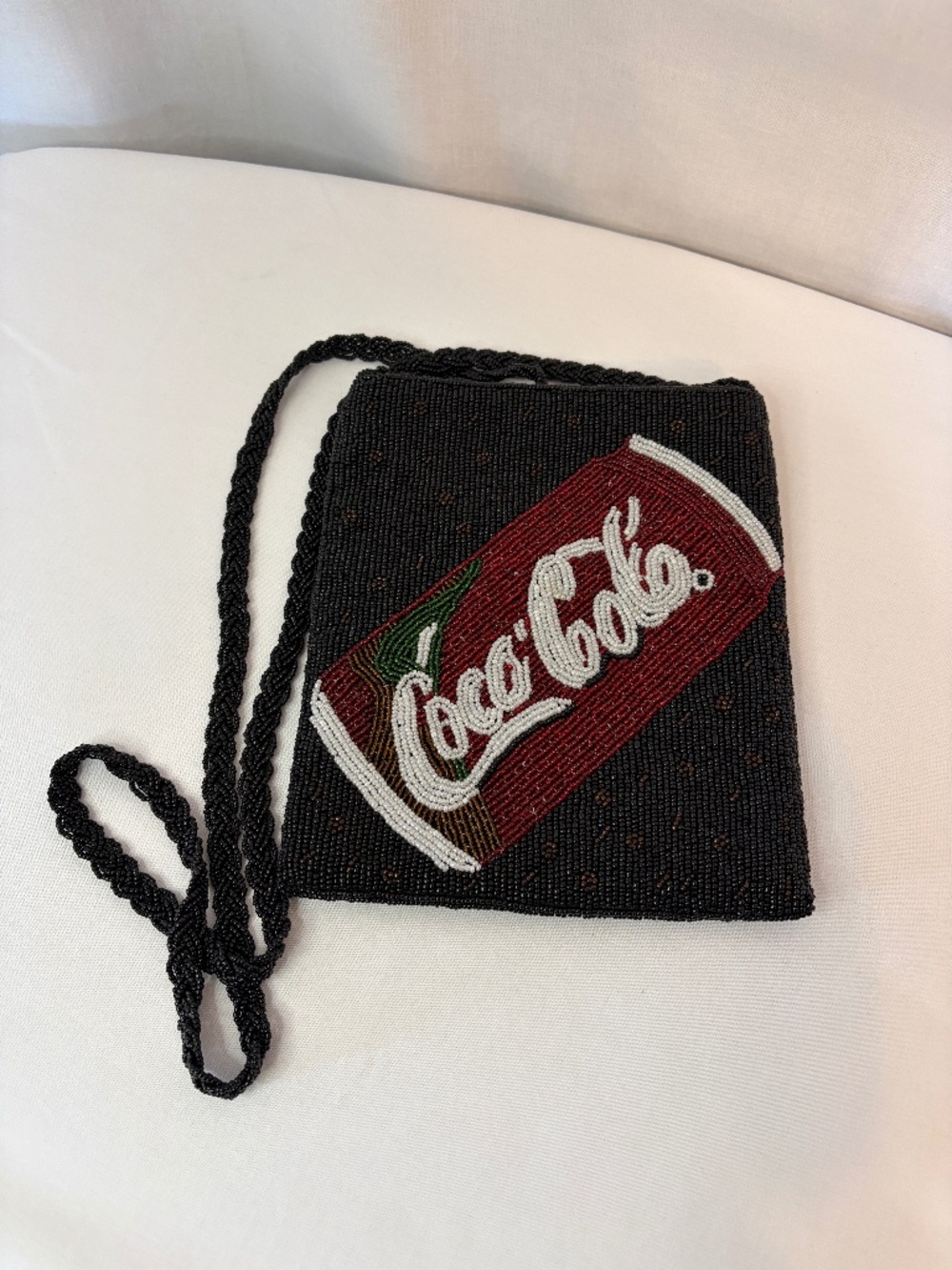 Coca-Cola Glass Beaded Shoulder Crossbody Purse Bag Soda Pop Can Logo Black VTG
